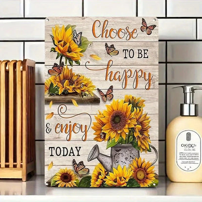 Rustic Iron Wall Sign | Vintage Sunflower & Butterfly | 'Choose to Be Happy' Motivational Quote | 8x12 Inch Metal Art