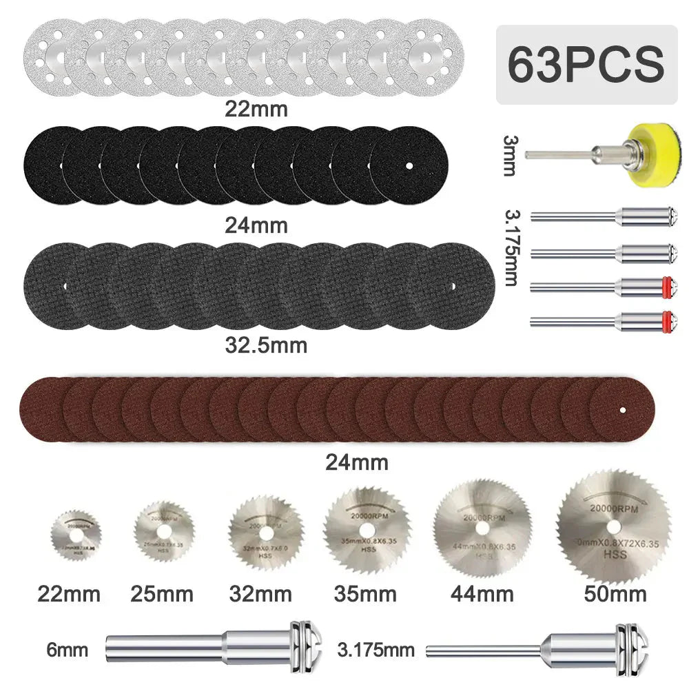 XCAN 63pcs Cutting Wheel Set Mini HSS Saw Blade,Diamond Saw Blade,Metal Cut off Disc  Drill 1/8" Mandrel for Dremel Rotary Tool