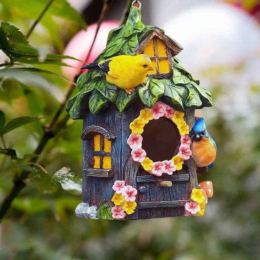 Birdhouse Garden Decor Hanging Outdoor Ornament Resin Craft Floral Design Bird Hut Backyard Accent Pet Shelter Bird House