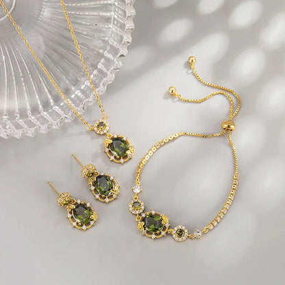 The three-piece set of gold-plated necklace, earrings and bracelet is an elegant wedding and party accessory for women.