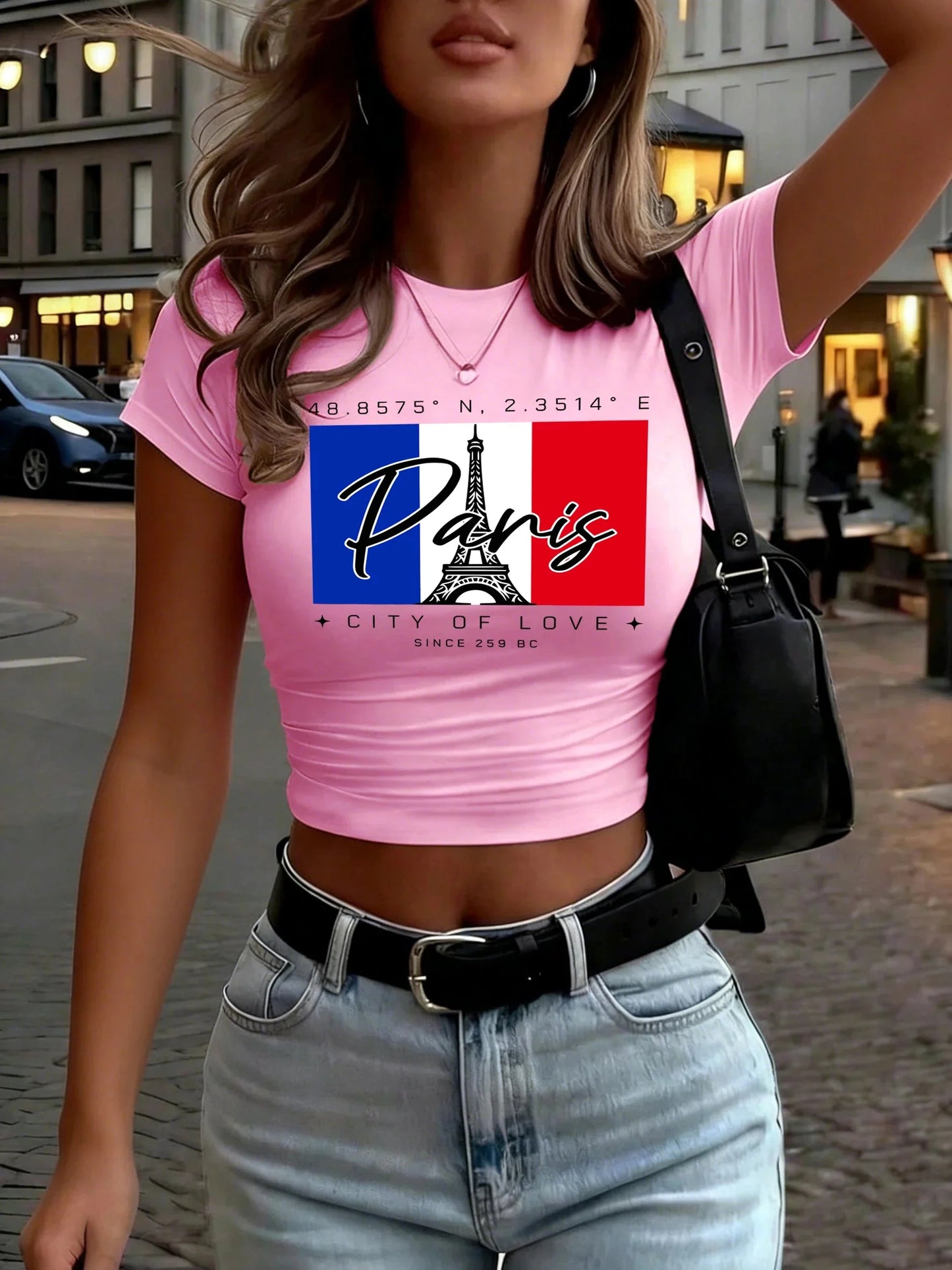 Paris City Of Love Since 259 Art Letter Print Women T Shirt Summer Short Sleeve Hip Hop Crewneck Clothes Slim Yoga Crop T-Shirts