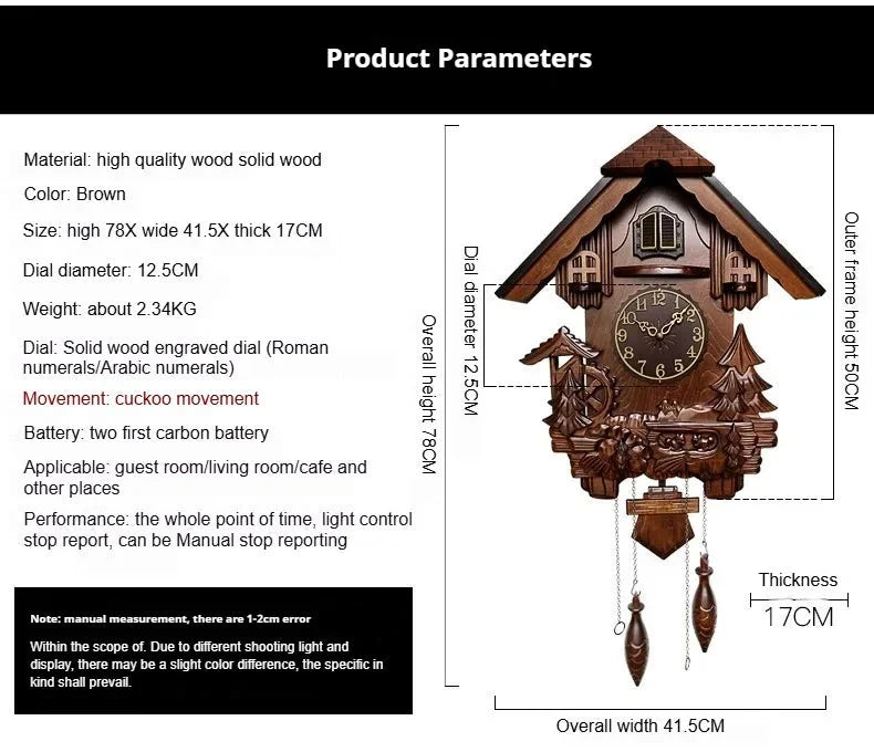 Antique Classic Solid Wood Hand-carved Cuckoo Wall Clock, Children's Music, Hour Announcement Swinging Creative Clock