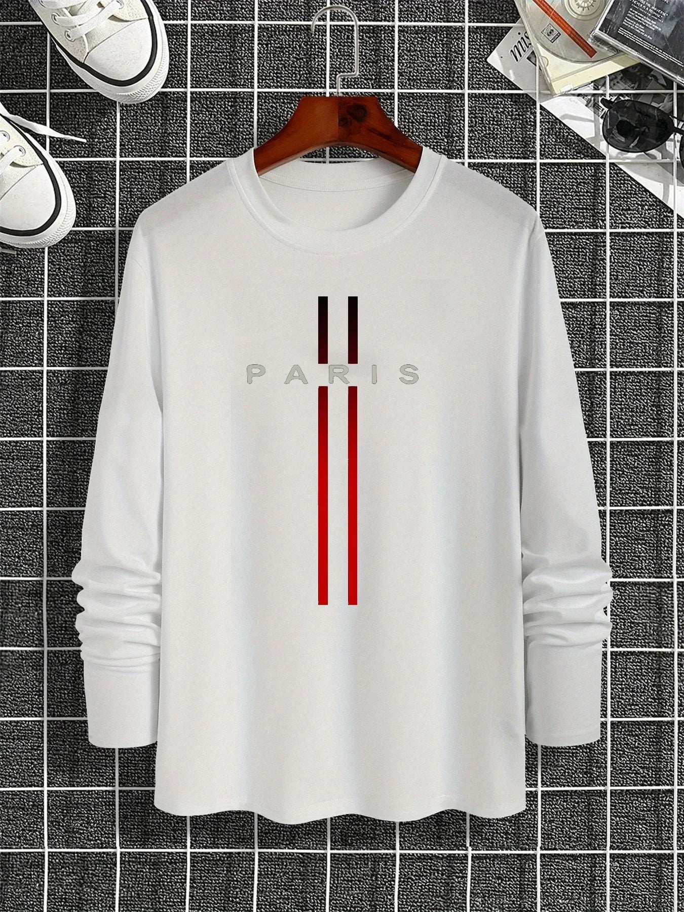 Men's Spring and Autumn 100% Cotton Loose and Comfortable Casual Paris Pattern Printed Round Neck Long Sleeve T-shirt