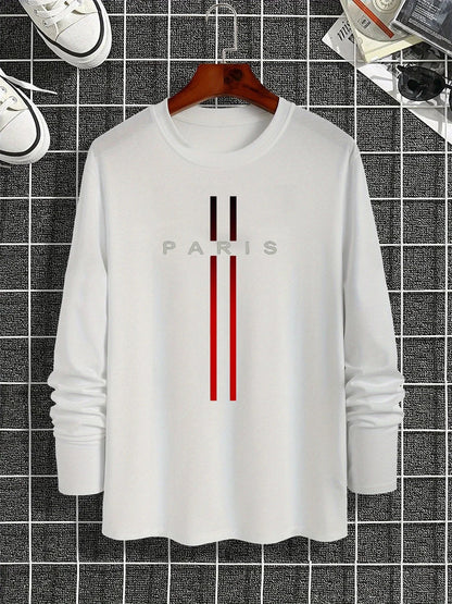 Men's Spring and Autumn 100% Cotton Loose and Comfortable Casual Paris Pattern Printed Round Neck Long Sleeve T-shirt