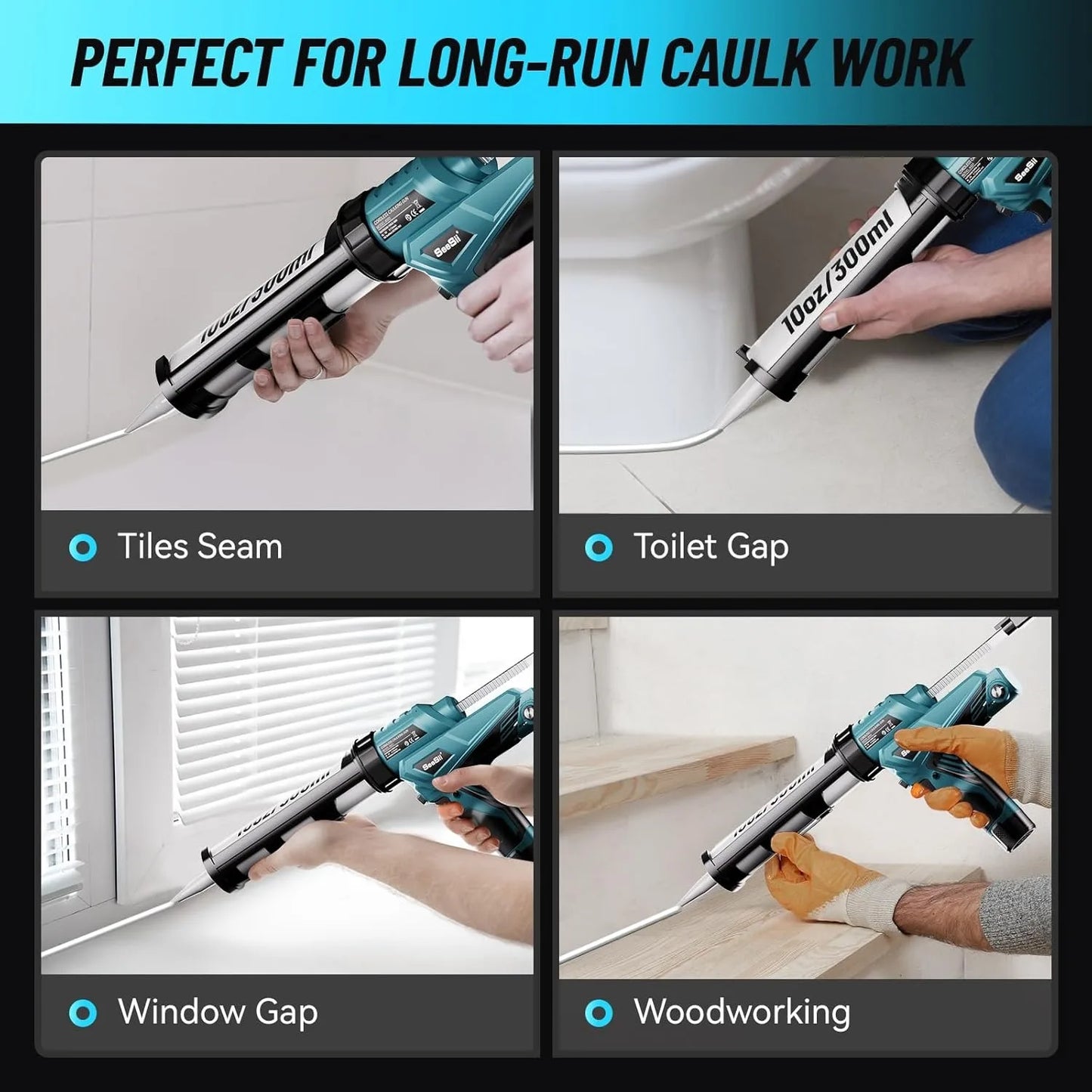 SEESII 6 Speeds Cordless Electric Glue Gun Glass Glue Caulking Gun Doors and Windows Electric Sewing Glue Tool With LED Light