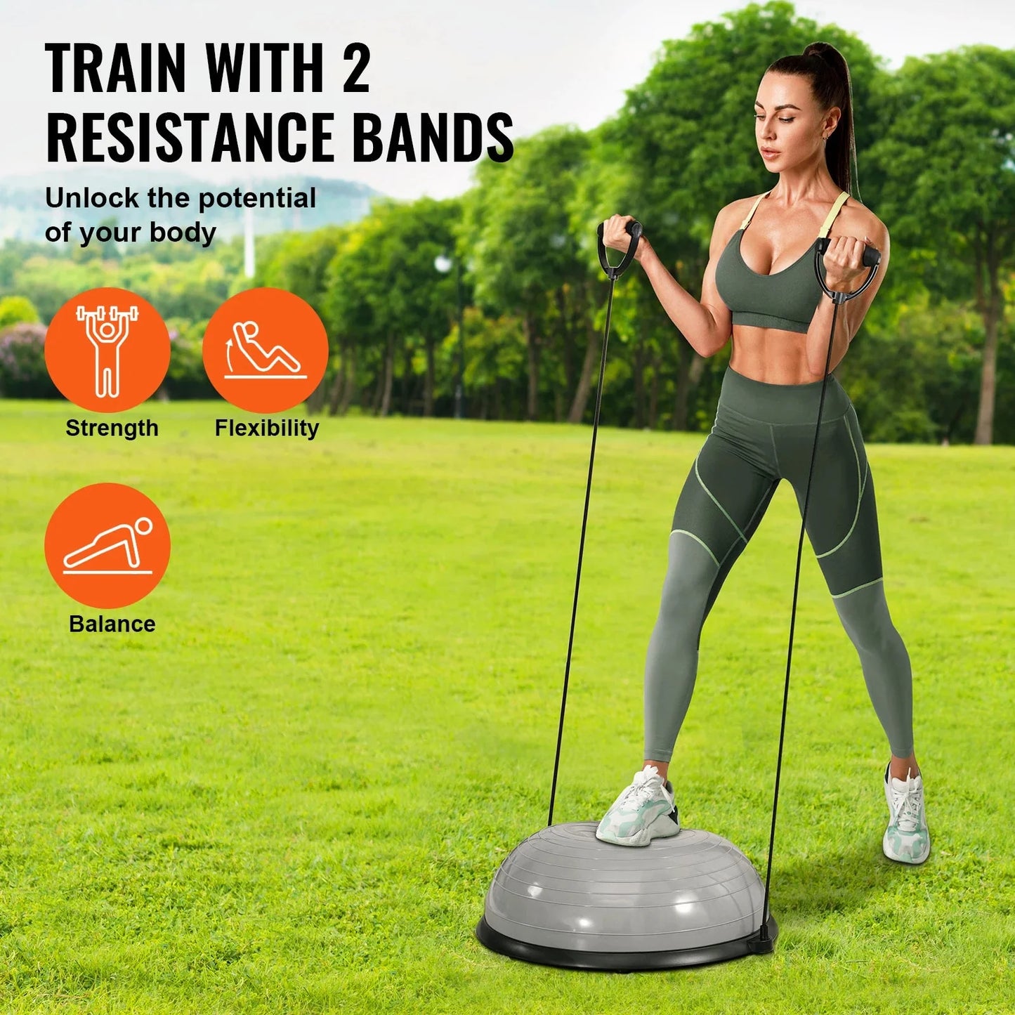 SucceBuy 23/26 inch Half Exercise Ball Trainer Balance Ball Trainer 660lbs Capacity Stability Ball Yoga Ball w/ Resistance Bands