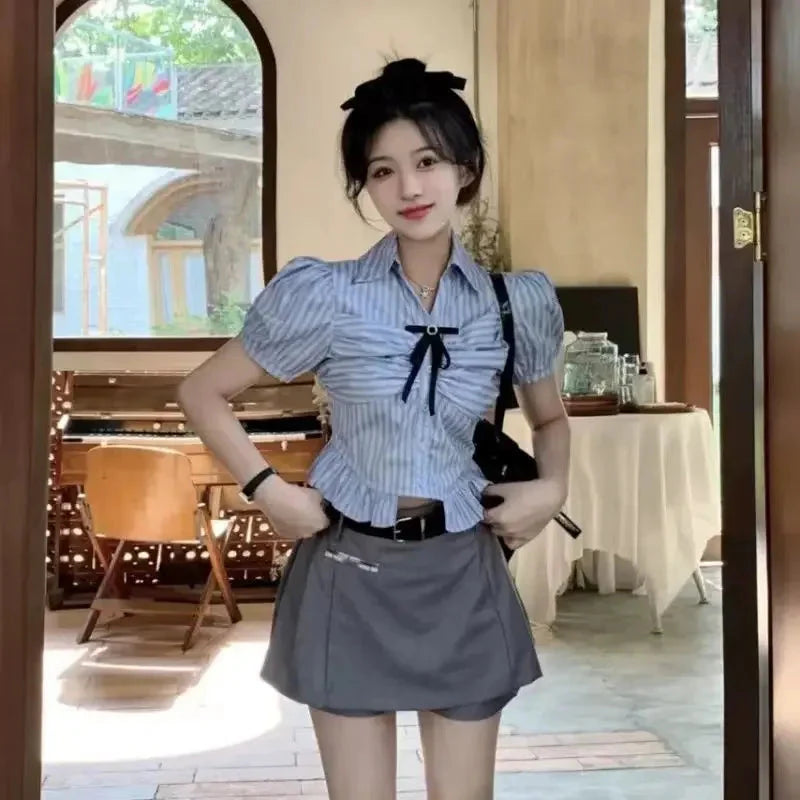 Bow-rinked Striped Shirt for Women Summer French Sweet and Spicy Puff Sleeve Shirt Short Short Sleeve Top