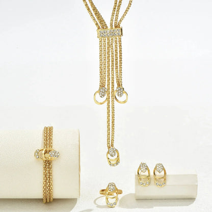 2025 Fashion Jewelry Set Luxury Alloy Long Tassel Necklace Bracelet Earrings Rings Elegant Women Banquet Wedding Accessories