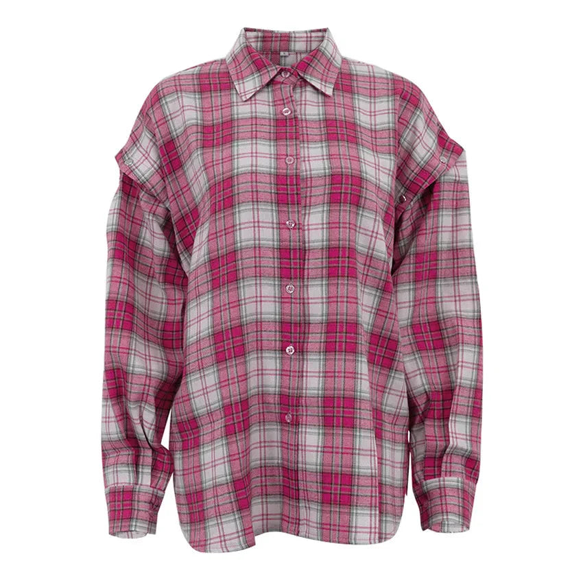 Pink Plaid Shirt for Women in Europe and America New Versatile Loose Shirt for Women Removable Long-sleeved Lapel Top
