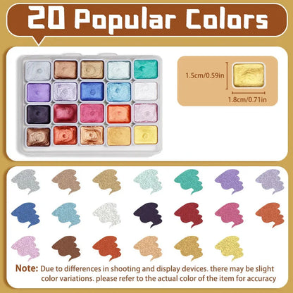20/24/60/72 Colors Pearl Watercolor Pigment,Metallic,Shimmer,Glitter Solid Paint Mini Travel Portable Kit for Painting,Writing