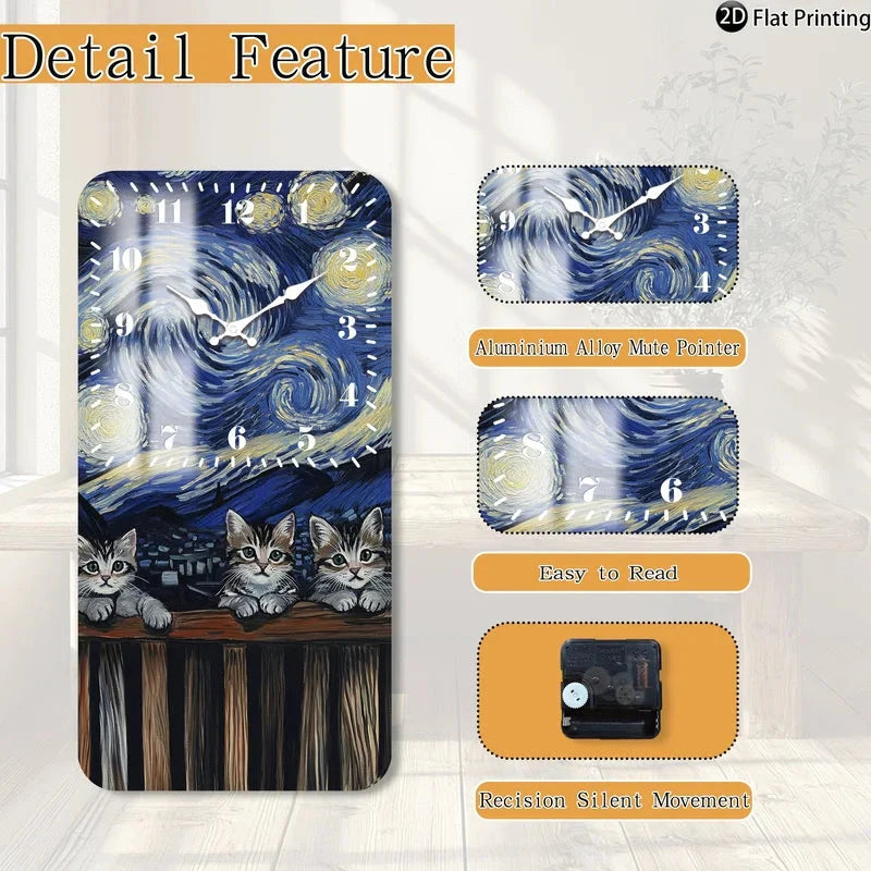Vintage 2D-Flat Cats with Van Goghs Starry Night backdrop Wooden Silent Quartz Rectangle Wall Clock for Home Idea Holiday Gifts
