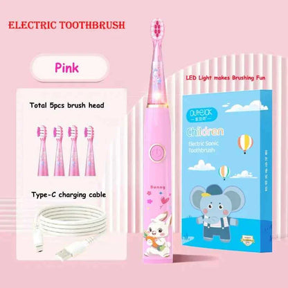 Kids Sonic Electric Toothbrush Child Cartoon with Colorful LED Light IPX7 Waterproof 2 mins Smart Timer Rechargeable Toothbrush
