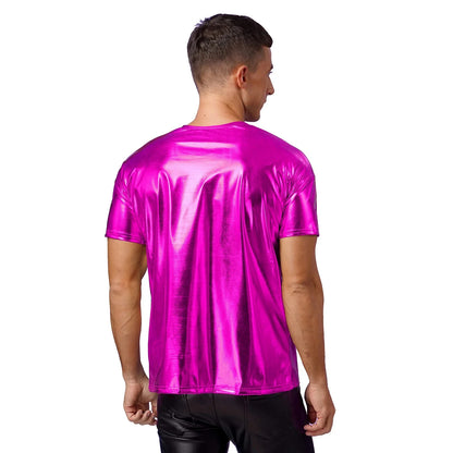 Mens Dance Shirts Tops Party Performance 80s Clothes Metallic Shiny Short Sleeve Round Neck T-shirt for Club Show Role Play