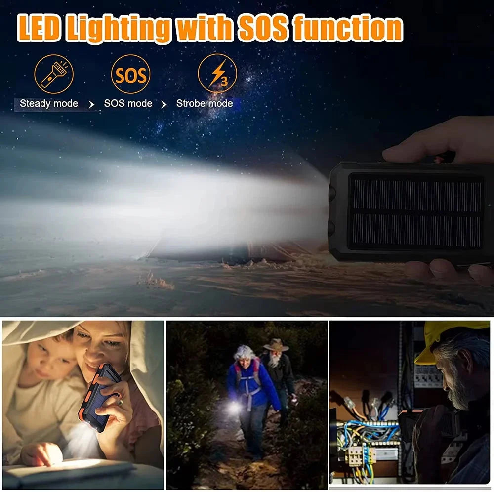 Solar Power Bank 10000mAh Portable Charging Poverbank External Battery Charger Strong Light LDE Light for All Smartphones