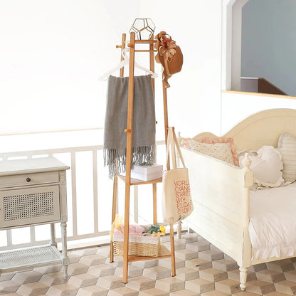 Bamboo Coat Rack Free Standing 2-Shelves Clothing Storage Garment Organizer Stand with 8 Hooks Clothes Poles 55kg Load-bearing f