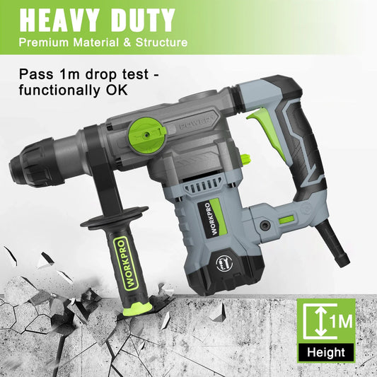 WORKPRO 12.5 AMP Heavy Duty Rotary Hammer Drill for Concrete 32mm MAX, Steel 13mm MAX,Wood 42mm MAX.