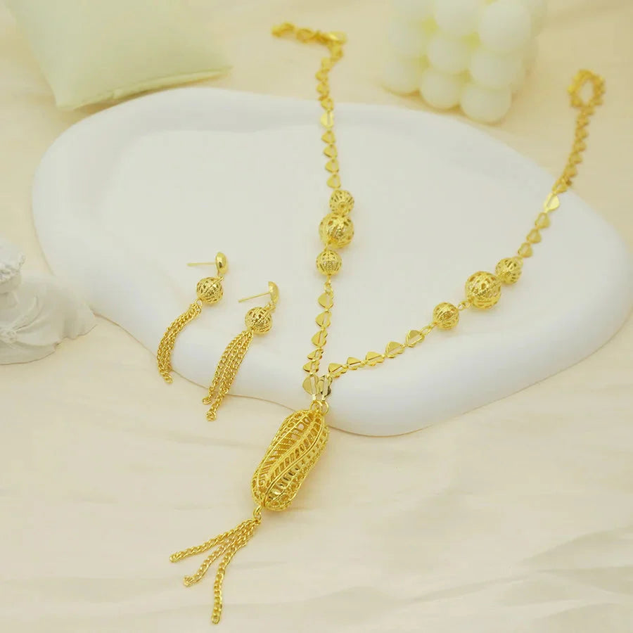 24K gold-plated two-piece jewelry set, Dubai jewelry, India, twisted geometric necklace earrings, bridal party gift