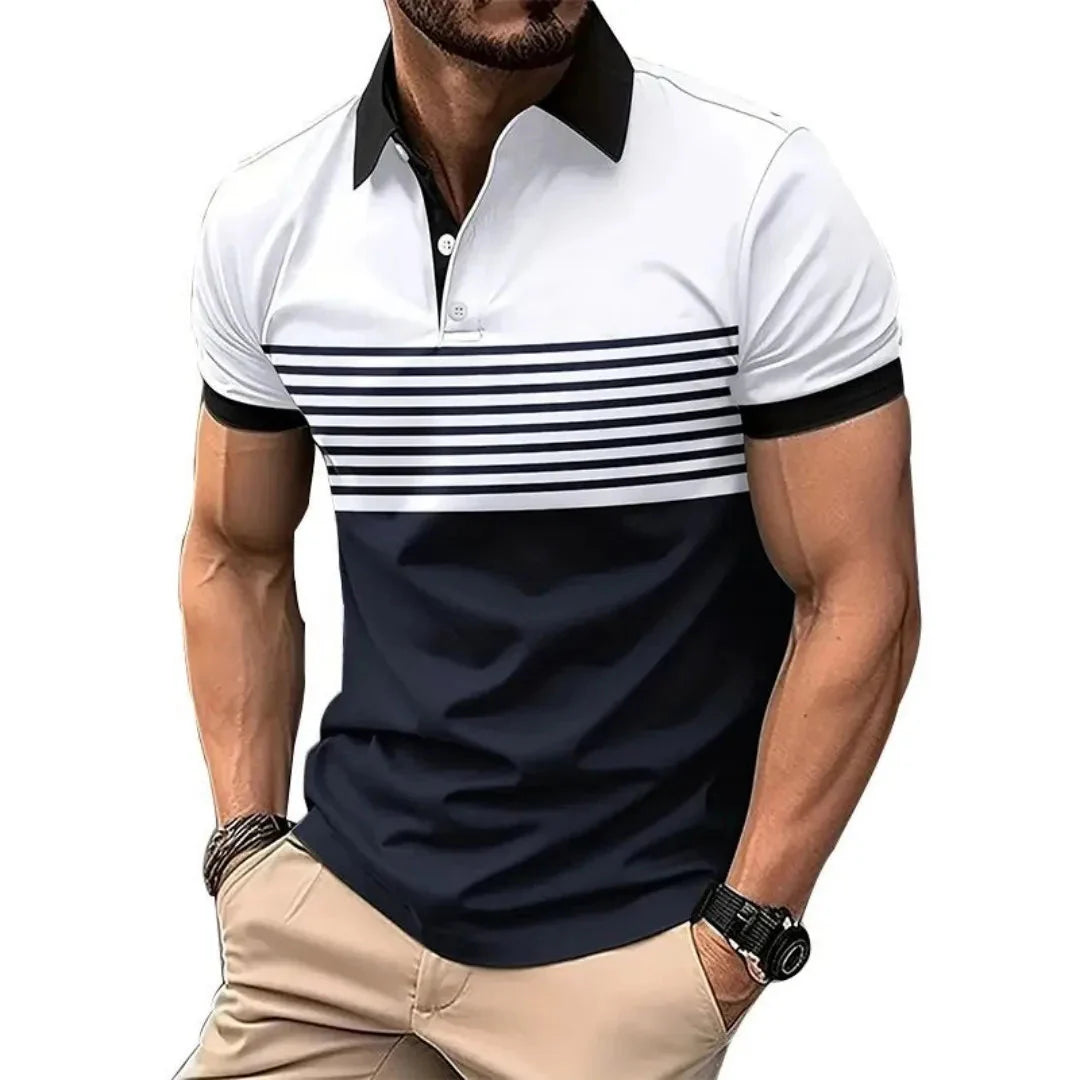 The 2025 summer new men's POLO shirt is a casual and fashionable striped printed street men's wear