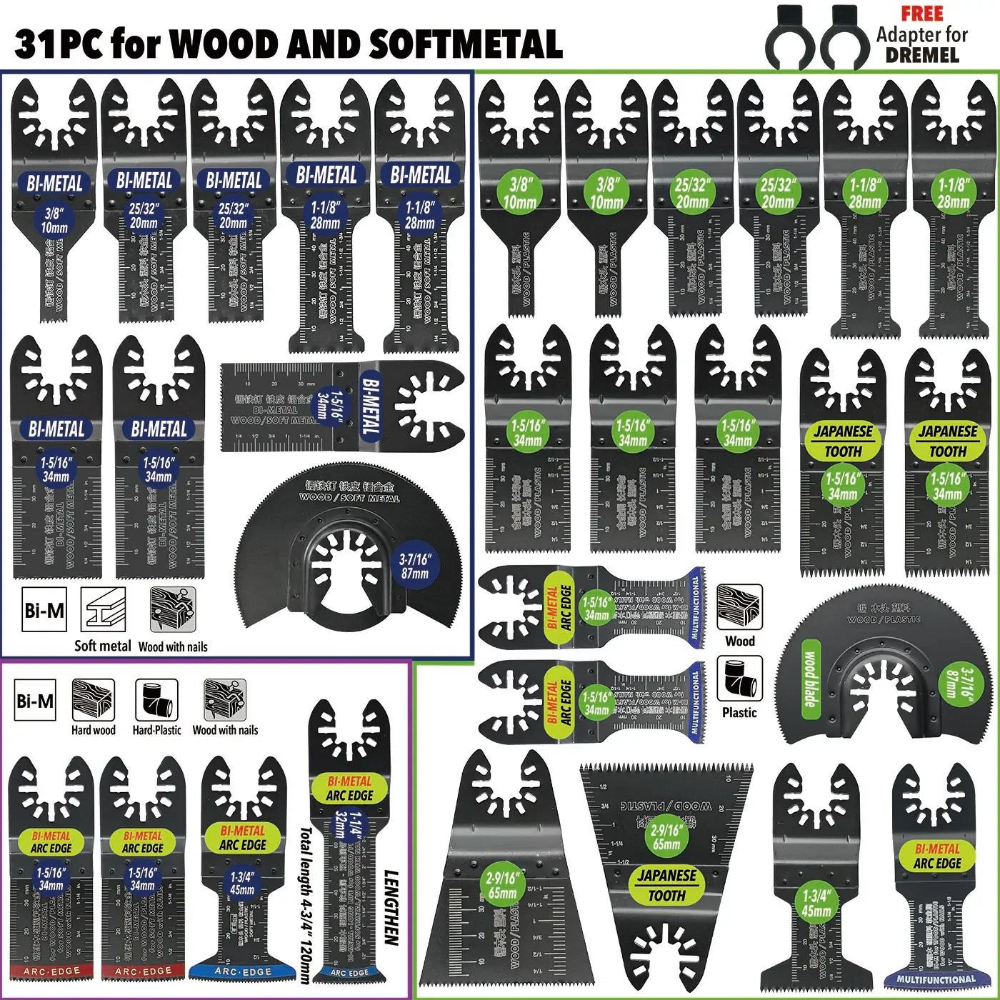 Oscillating Saw Blades Kit，Multitool Blades - Compatible with Milwaukee Dewalt  Worx Skil AEG Ryobi