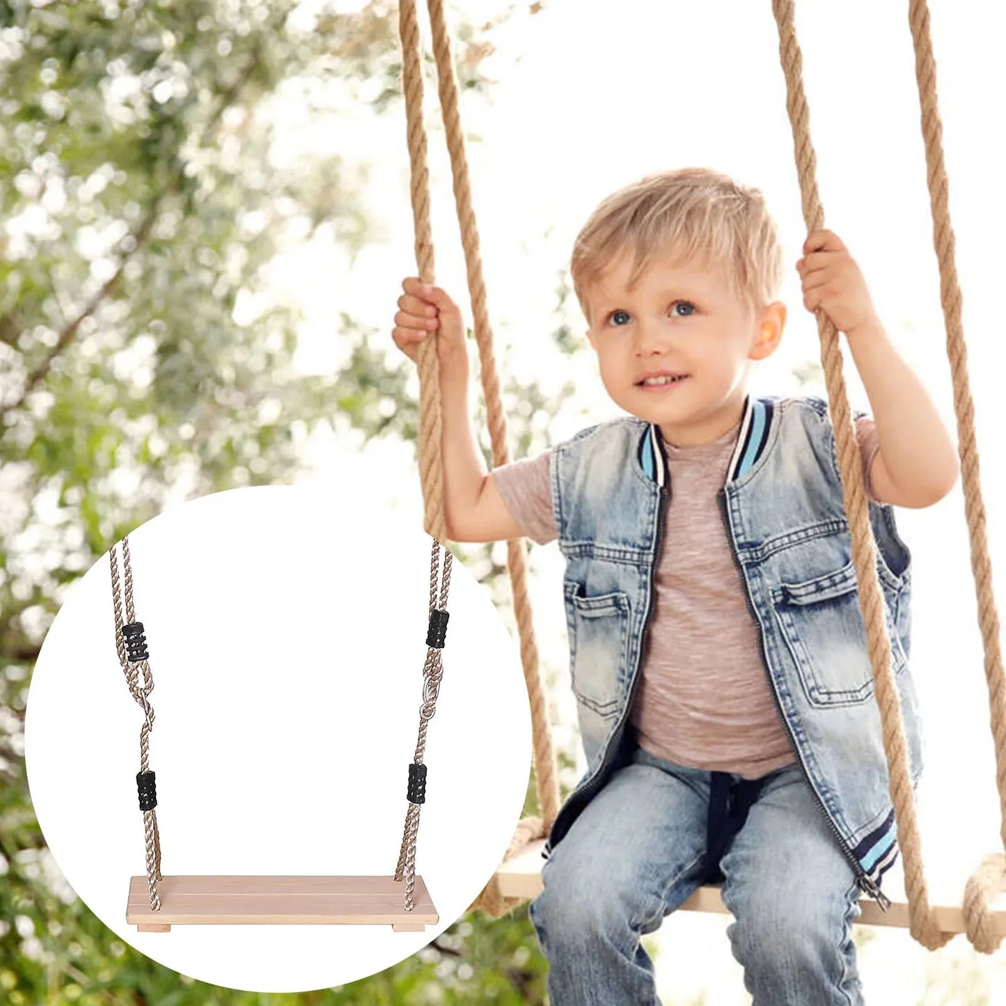 High-Quality Polished Four-Board Anti-Corrosion Wood Swing Outdoor Indoor Pastoral Wooden Swing for Adults Children