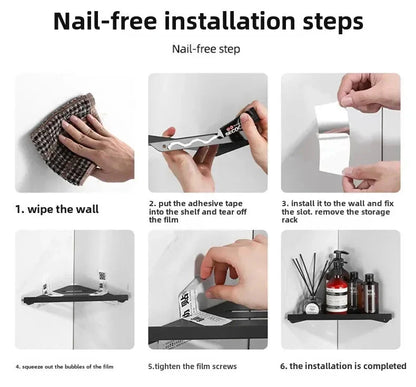Bathroom Triangle Drain Shelf No Drilling Wall Mounted Cosmetic and Toiletries Hollow Carbon Steel Shelf with Hooks