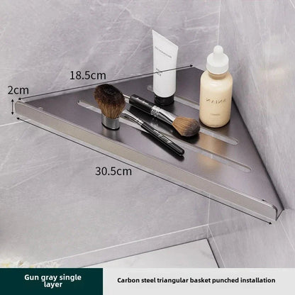 Bathroom Triangle Drain Shelf No Drilling Wall Mounted Cosmetic and Toiletries Hollow Carbon Steel Shelf with Hooks