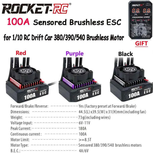 ROCKET-RC 100A ESC Sensored Brushless Electric Speed Controller 2-3S for 1/10 RC Drift Car 380/390/540 Sensored Brushless Motor