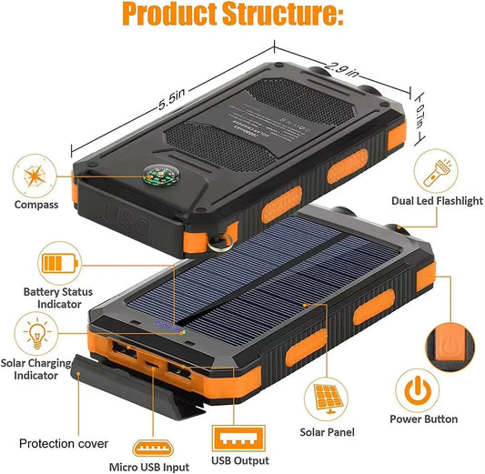 Solar Power Bank 10000mAh Portable Charging Poverbank External Battery Charger Strong Light LDE Light for All Smartphones