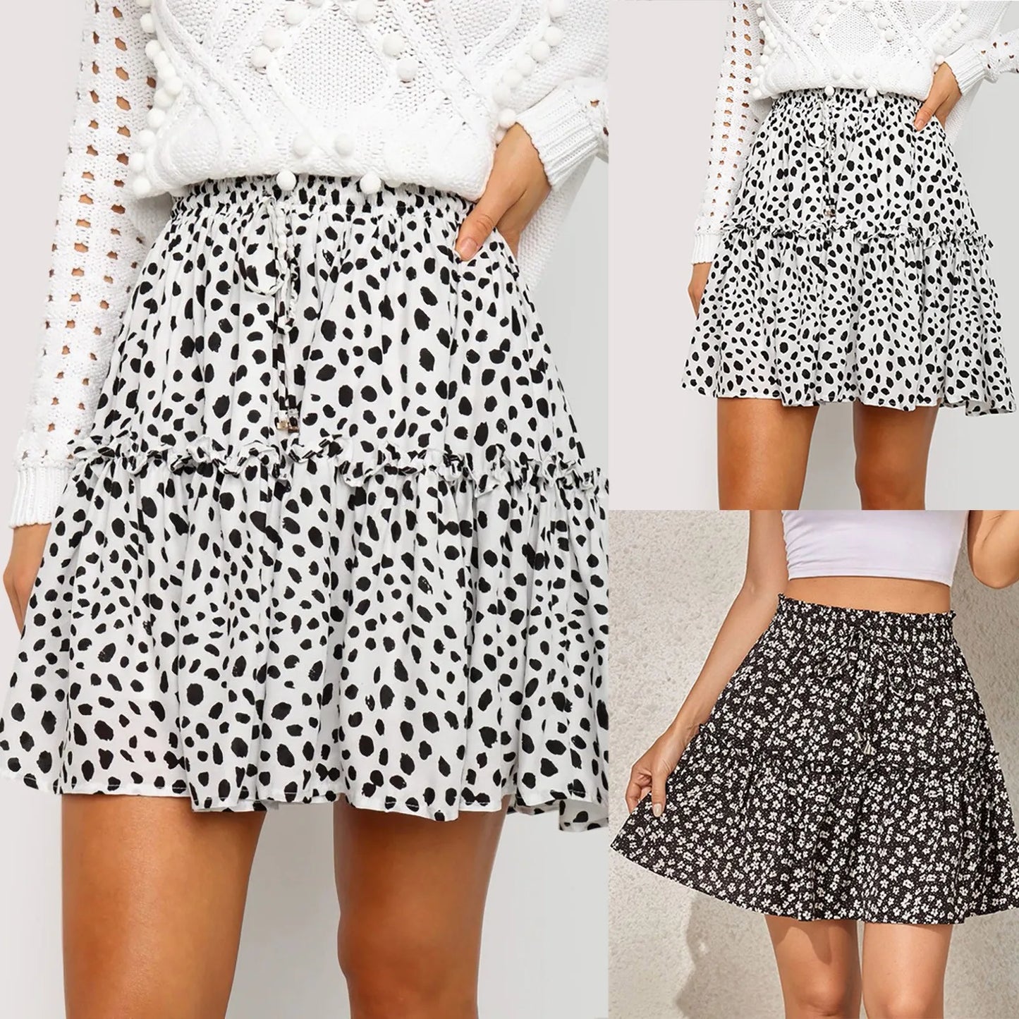 Skirts For Women Knee Length Women'S Summer Cute High Waist Ruffle Skirt Print Swing Beach Mini Skirt Ropas De Mujeres
