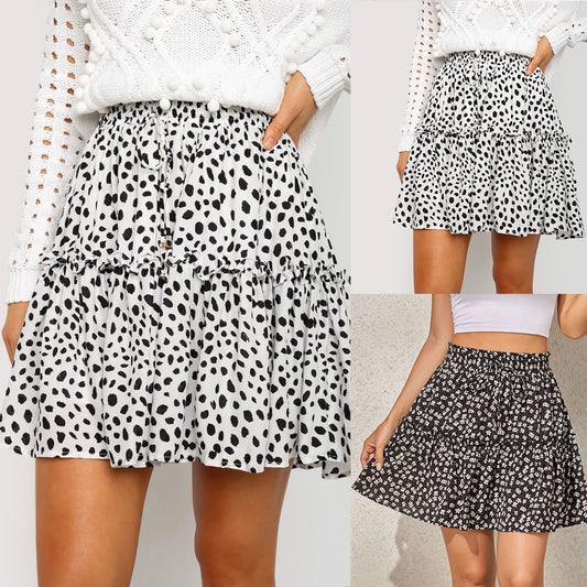 Skirts For Women Knee Length Women'S Summer Cute High Waist Ruffle Skirt Print Swing Beach Mini Skirt Ropas De Mujeres