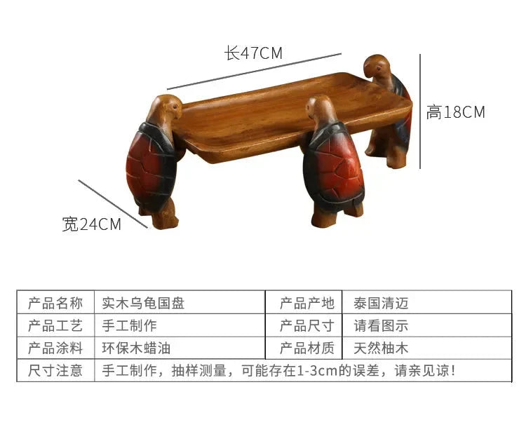 Solid Wood Fruit Plate for Home Living Room, Coffee Table Tray, Three Turtles Base Side Polished, Smooth Eco Friendly Wood Wax O