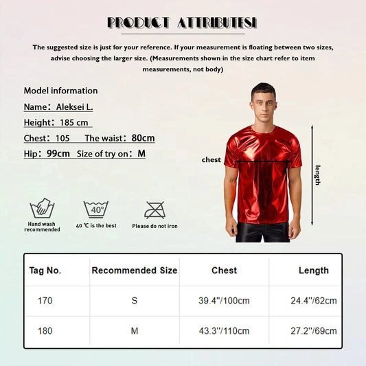 Mens Dance Shirts Tops Party Performance 80s Clothes Metallic Shiny Short Sleeve Round Neck T-shirt for Club Show Role Play