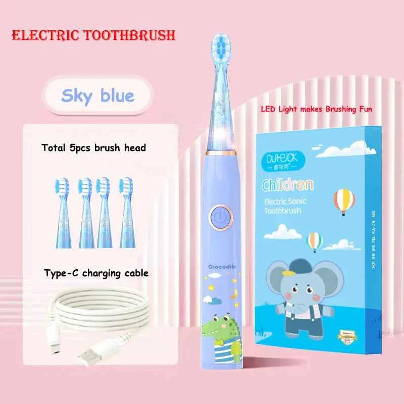 Kids Sonic Electric Toothbrush Child Cartoon with Colorful LED Light IPX7 Waterproof 2 mins Smart Timer Rechargeable Toothbrush