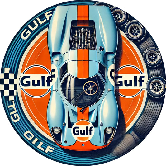 1pc Vintage Gulf Racing Car Metal Tin Sign - Retro Style Wall Art with Blue & Orange Stripes, Aluminum, Perfect for Home, Cafe