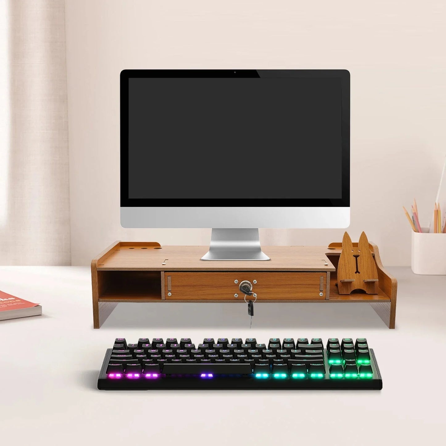 Wooden Desk Organizer W/ Drawer File Storage Desk Monitor Riser Computer Stand
