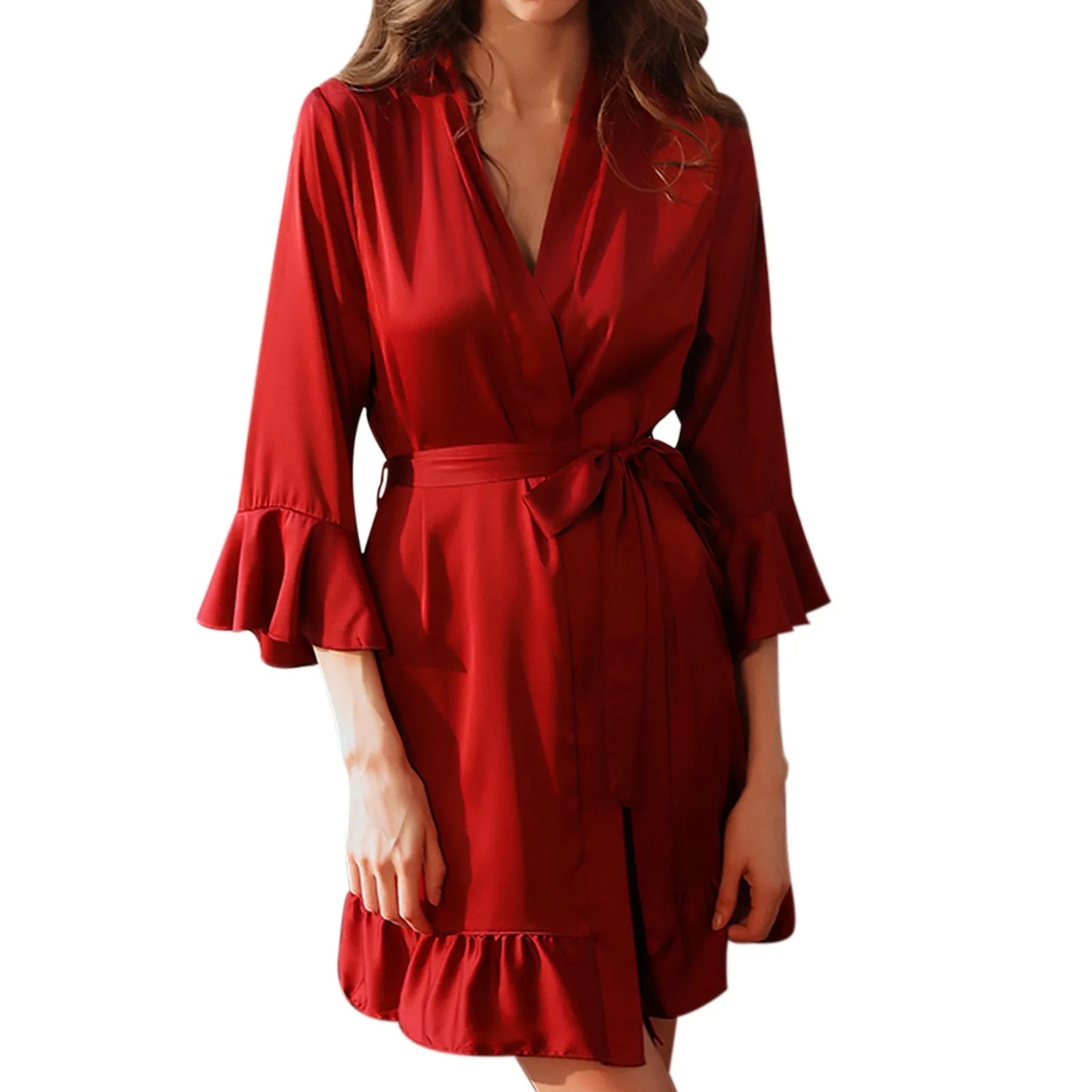 Sexy Flare Sleeve Kimono Gown Women Wedding Robe Silk Rayon Home Dress Elegant Ruffle Sleepwear Cozy Nightgown Intimate Lingerie