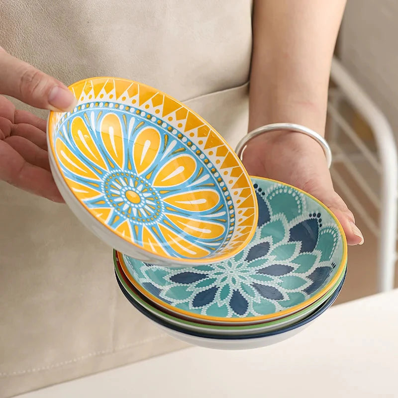 4pc Bohemian Ceramic Plate - Side Dish, Appetizer, Sauce, Bread, Pastry & Breakfast Plates, Safe for Dishwasher& Microwave