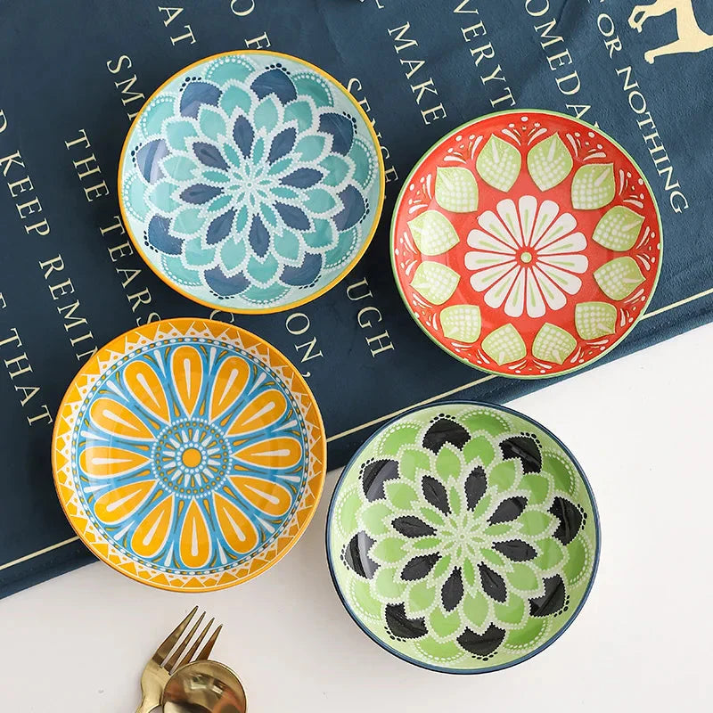 4pc Bohemian Ceramic Plate - Side Dish, Appetizer, Sauce, Bread, Pastry & Breakfast Plates, Safe for Dishwasher& Microwave