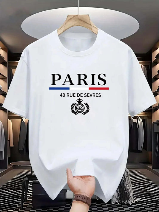 Men's summer 100% cotton fashionable casual loose classic Paris pattern printed sports round neck short sleeved T-shirt top