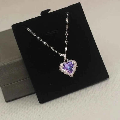 Luxury Colorful Crystal Ocean Heart Pendant Necklace For Women Korean Fashion Stainless Steel Neck Chain Female Wedding Jewelry