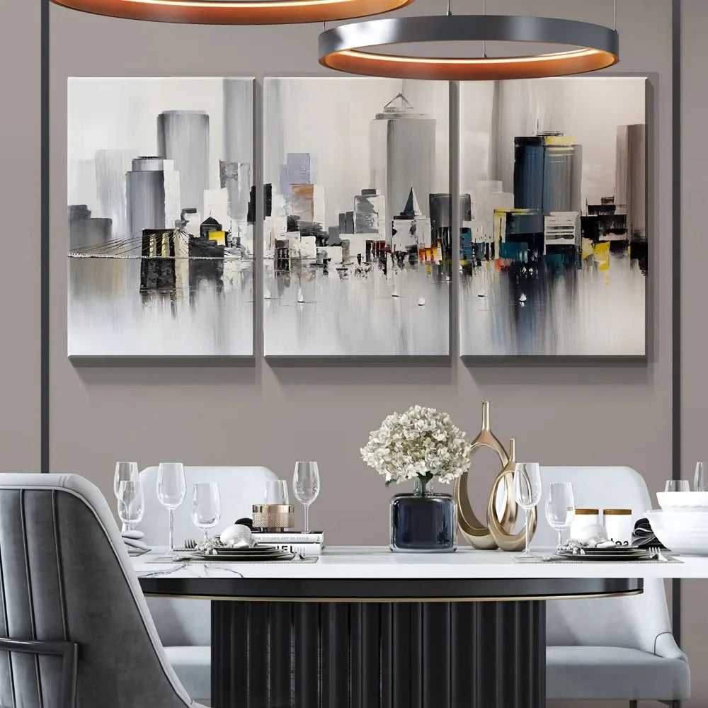 3 oil wall art - Modern New York print, colorful abstract cityscape of Brooklyn Bridge painting,1.5 inch thick wood frame