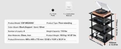 SucceBuy 4-Tier AV Media Stand Audio/Video Stand with Strengthen Tempered Glass Shevles for DVD Adjustable Media Storage Cabinet
