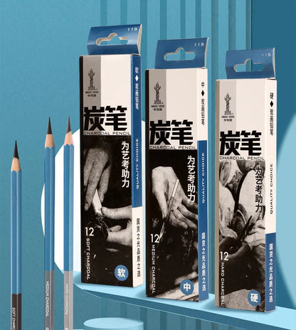 Master Specialized Sketch Charcoal,Hard, Neutral, Soft Refills,Drawing Pencils,Art Student Fine Arts Supplies 12 pcs Box TB-01