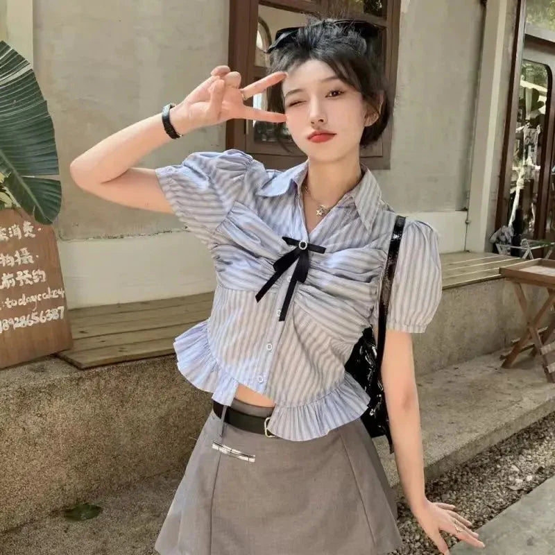 Bow-rinked Striped Shirt for Women Summer French Sweet and Spicy Puff Sleeve Shirt Short Short Sleeve Top