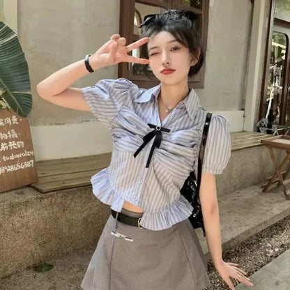 Bow-rinked Striped Shirt for Women Summer French Sweet and Spicy Puff Sleeve Shirt Short Short Sleeve Top
