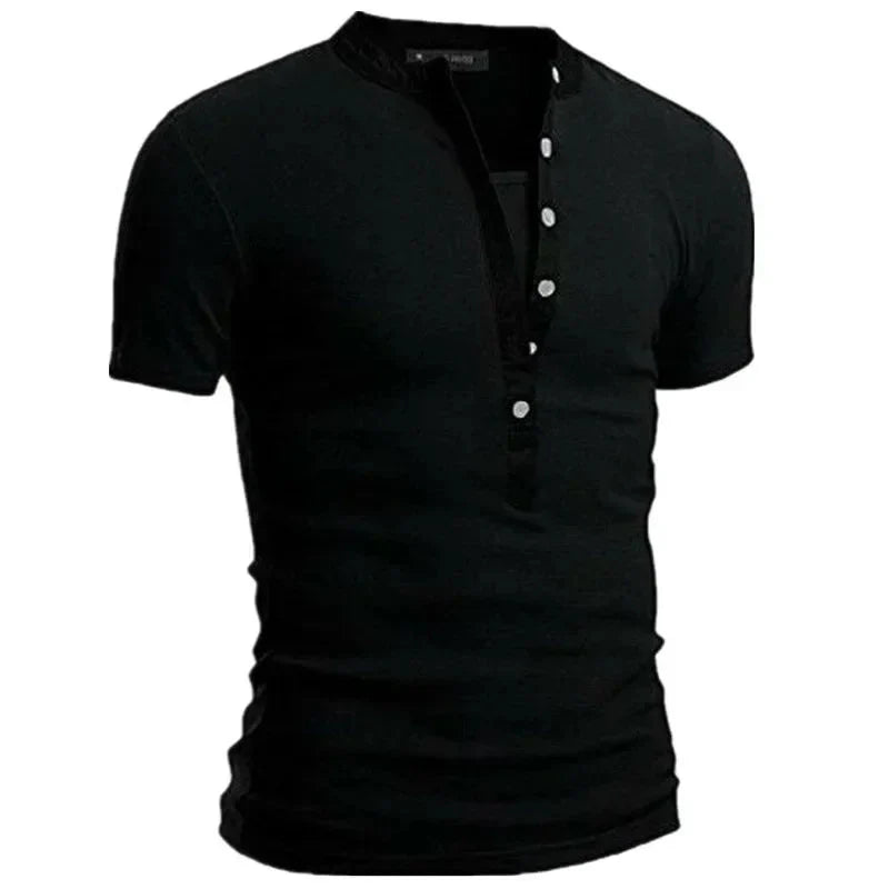 2026 Men's Summer Casual Shirts Solid V-neck Button Slim Fit T-Shirts for Men Fashion Short Sleeve Tees Tops Men Clothing S-3XL