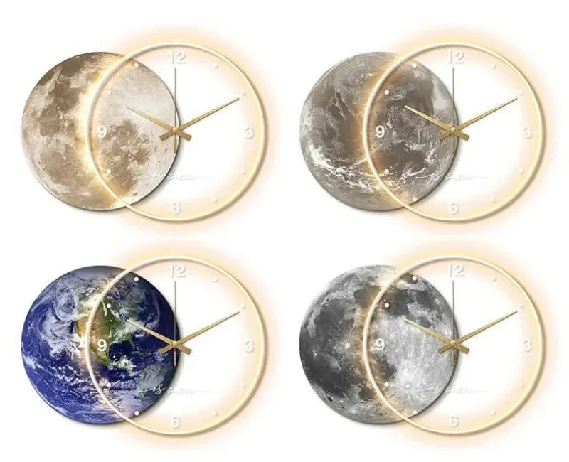 Large Wall Clock Luxury Dining Room Living Room Moon The Earth Modelling LED Light Silent Movement Bedroom Clock Wall Decoration