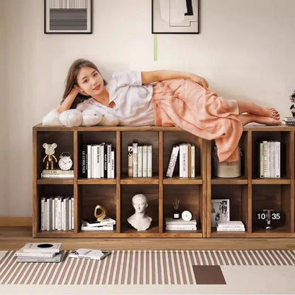 Solid Wood Short Bookshelf Floor Storage Cabinet Grid Organizer Shelf for Living Room Home & Kindergarten Display Unit
