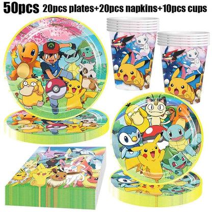 Pokemon Birthday Party Decorations Paper Tableware Plates Napkins Cups Pikachu Birthday Tablecloth Party Supplies Children Gifts