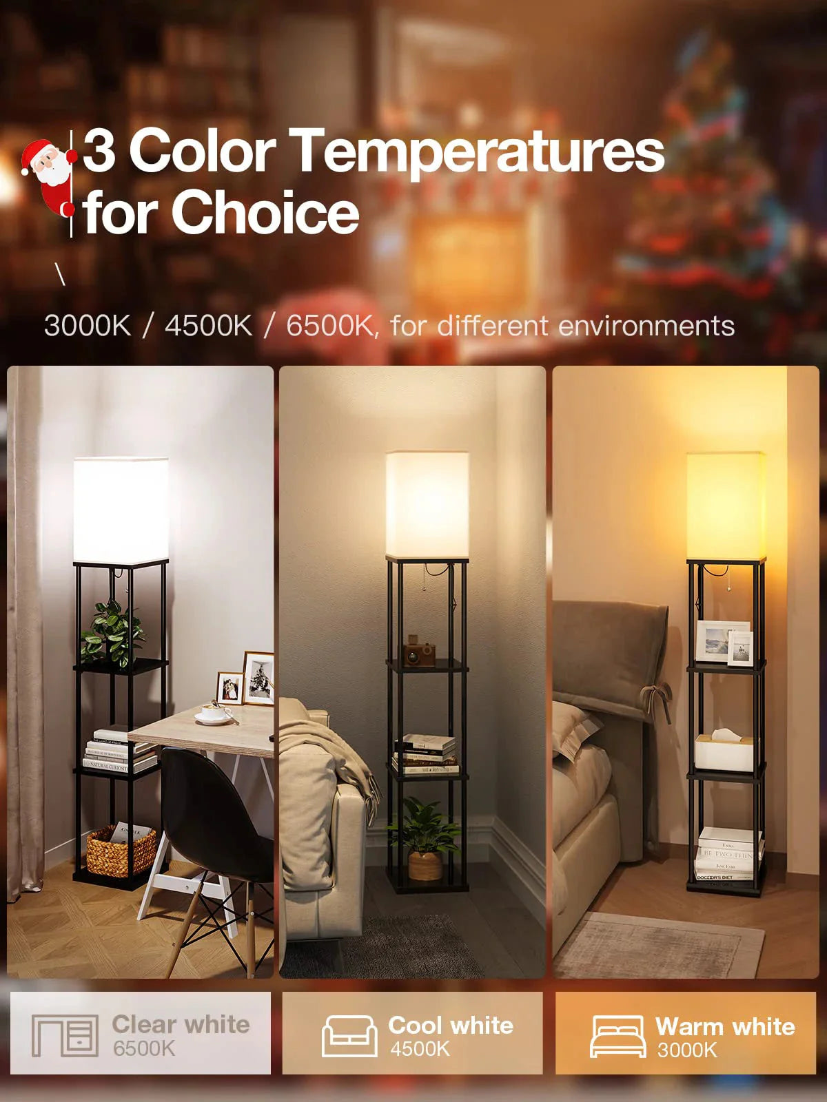 Modern Shelf Floor Lamp with Shade and LED Bulb Corner Display Lamps Shelves for Living Room Bedroom Office Black